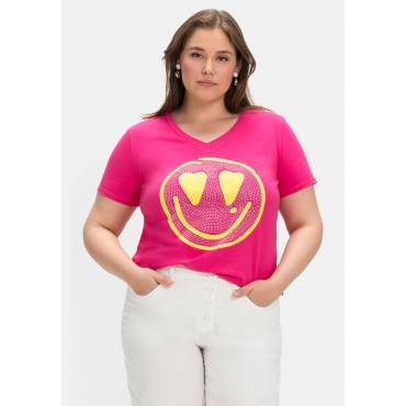 T-Shirt mit Neon-Frontprint, elastische Qualität, pink, Gr.40-48 
