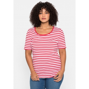 T-Shirt mit Streifen und Rundhalsausschnitt, mohnrot-weiß, Gr.40/42-56/58 