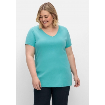 T-Shirt mit V-Ausschnitt, aqua, Gr.40/42-56/58 