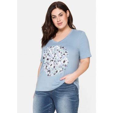 T-Shirt mit V-Ausschnitt und Blumendruck, hellblau, Gr.40/42-56/58 