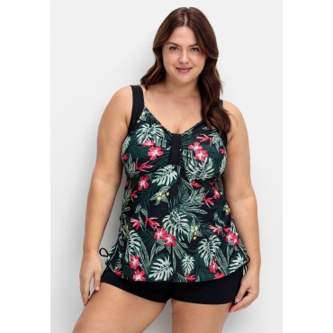 Tankini-Top mit Tropical Print und Raffung, schwarz gemustert, Gr.40B-58F 