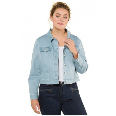 Ulla Popken Damen  Jeansjacke, extraweich, kurze Form, Hemdkragen, himmelblauer topas, Gr. 56, Mode in großen Größen 