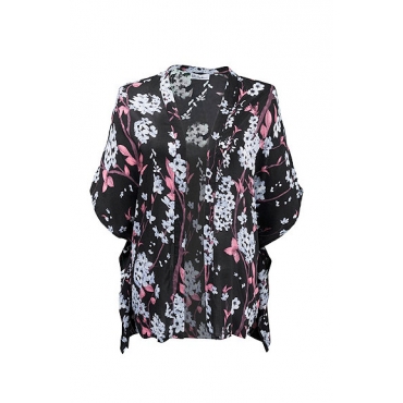 Ulla Popken Kimono-Bluse mit Blütenmuster, weites Modell, multicolor 